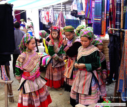 H'mong ladies looking for clothes at Bacha sunday market Vietnam